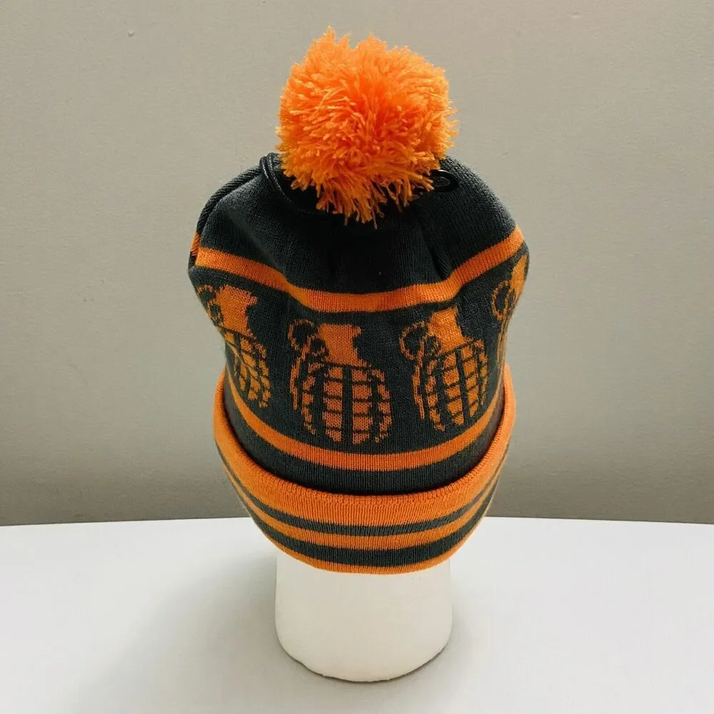 Grenade Letterhead Striped Winter Pom Knit Beanie Cap Hat Orange/Gray One Size - Picture 6 of 8